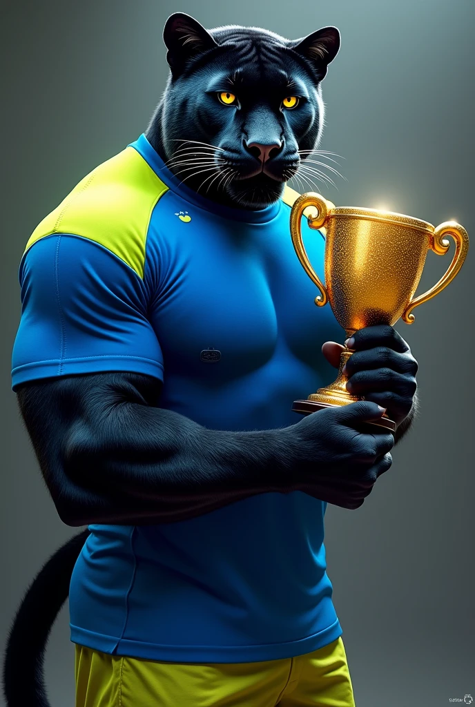 a panther in a royal blue and neon green shirt with a trophy in his hand