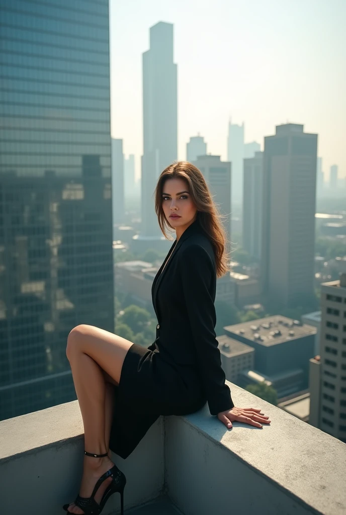 Beautiful model sitting on top of building in corporate IT park