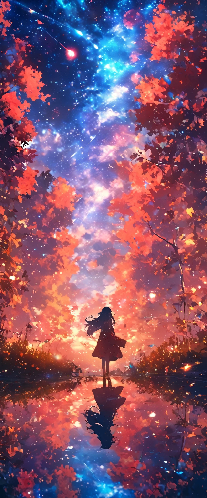 masterpiece, Concept Art, Panorama, in the center, shape, Wide Shot, garden, night, (meteor), Space galaxy background, (Great composition, Epic scale), Dynamic Lighting, Bright colors, Blue rose,landscape black hair, longeyelashes, solid circle eyes, ccurate, gradient hair, mole under eye, glowing eyes, eyeball, sad, drop shadow, anaglyph, stereogram, tachi-e, ass pov, atmospheric perspective, anime style, chromatic aberration, cinematic lighting, reflection light, 8K, super detail, best quality, uhd, high details, textured skin, 8k