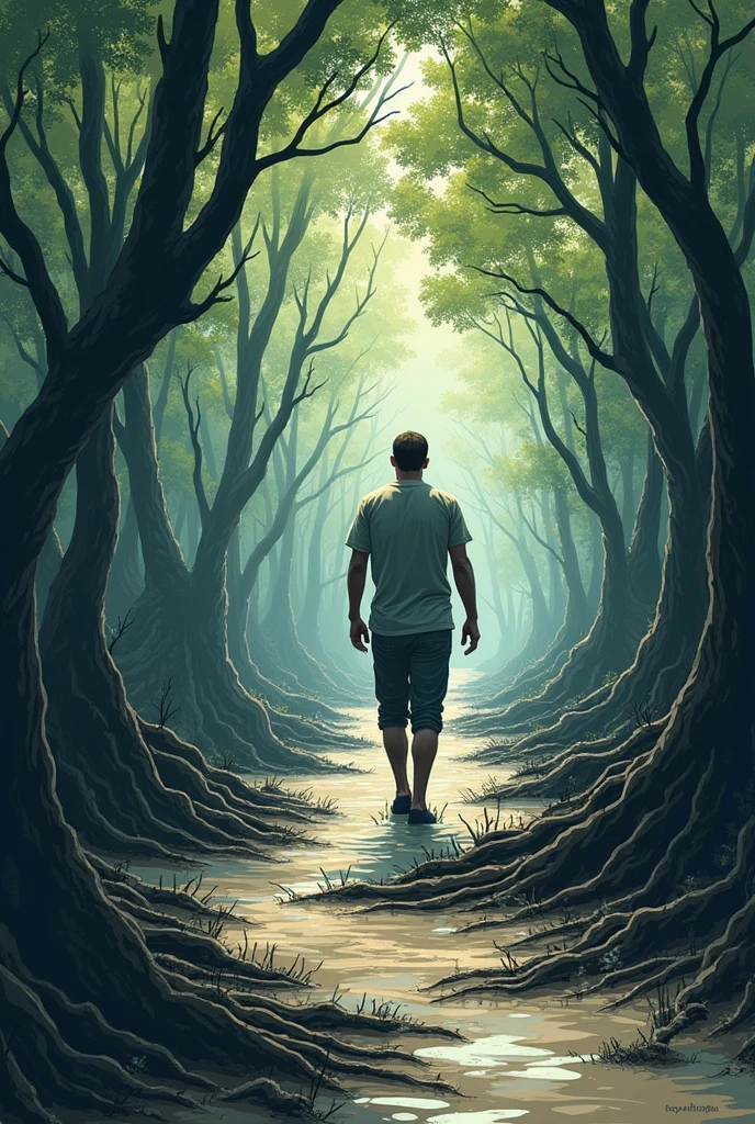 *Scenario**: Show a mangrove, with the muddy ground and a sky that seems to weigh down on the scene.
- **Central Character**: A man walking slowly, perhaps with a thoughtful expression, representing the "crab" that walks slowly.
And all this in 2D and that I can draw in a notebook