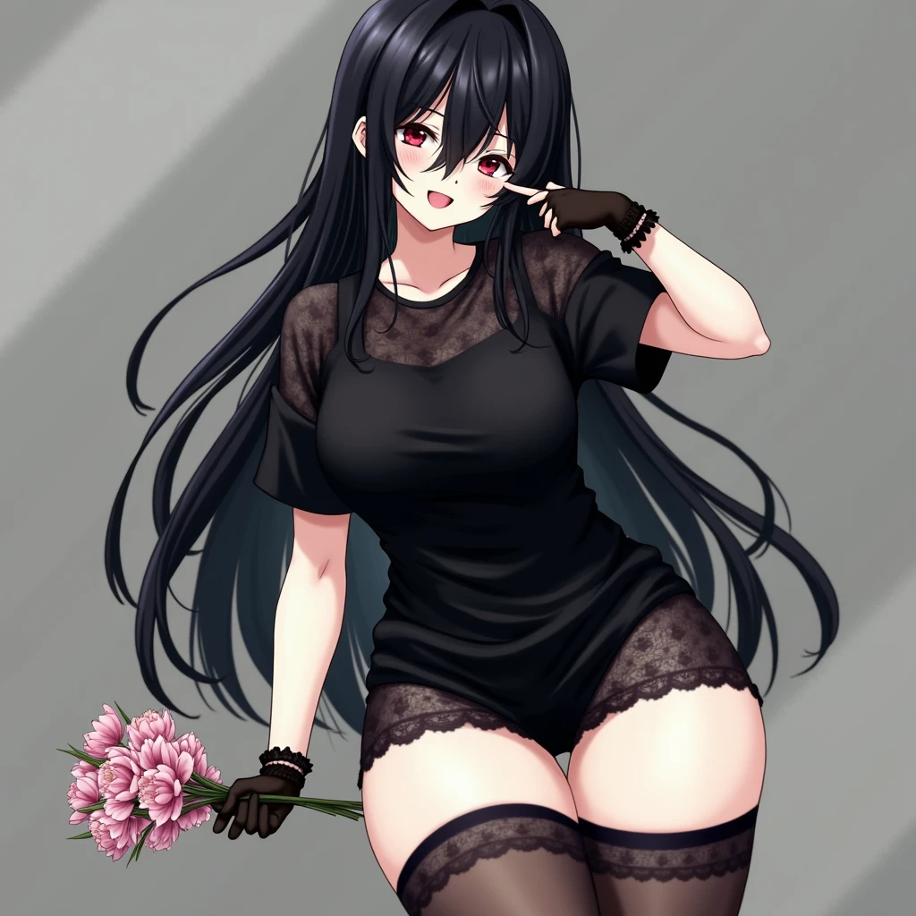 tokisaki kurumi,((work of art)),(((best qualityer))),((ultra detali)),((illustration)),((Shaggy hair)),((volantes)),(1 girl),(standing alone), 1 girl, in this, Bblack hair, Blurry background, blush, bouquet, don, flowers, mitts, hair over one eye, holding bouquet, gaping mouth, pink flowers, pink Pink, red Pink, Pink, ssmile, White pants, white Pink, Blurry, Depth of field,lace underwear, wearing lace panties, There is no skirt, showing thighs, white stockings, lace socks,Accurate shot,assessment:safe,