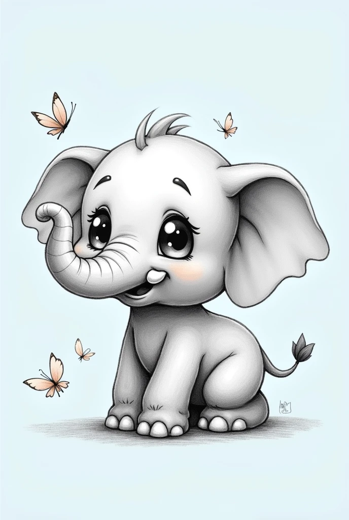 Create a simple pencil sketch  of a chibi grey elephant with every little detail defined to enhance the elephant. positioned in a playful pose facing sideways. The elephant's large, expressive eyes sparkle with innocence, and cute little elephant tusks on its face. Surround it with little butterlys and a blank blue background. evoking a sense of wonder and magic 