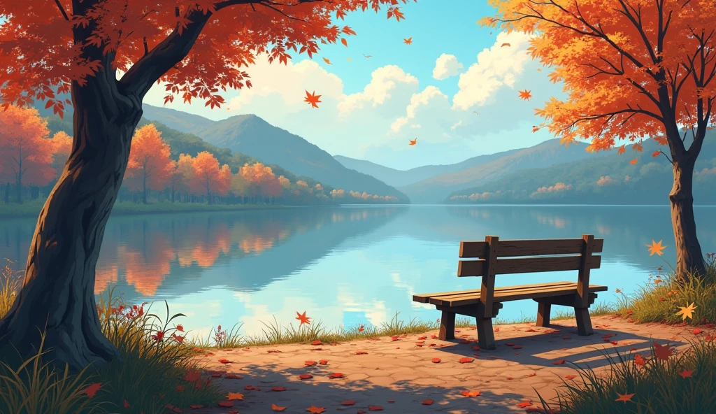 an anime-style landscape featuring a solitary wooden bench positioned by the edge of a tranquil lake. The surface of the lake is mirror-like, reflecting the autumn trees that line its shore. The leaves are a mix of warm oranges, reds, and yellows, gently falling onto the still water. The atmosphere is quiet and contemplative, with a soft breeze rustling the leaves.