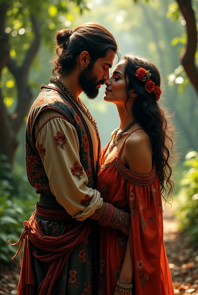 A gypsy couple about to kiss