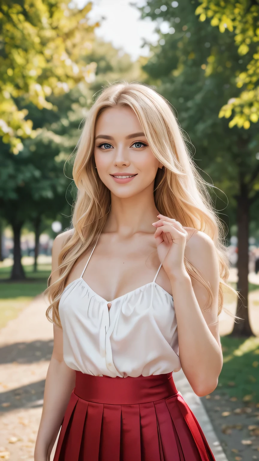 Realistic full body photo of a smiling, beautiful blonde woman with long hair, She dances in front of the camera in a red satin spaghetti strap blouse and tight, elegant white pleated skirt ...., fine fabrics, Park,glamour fotoshooting, Park, perfect anatomy, perfect blue eyes. Perfect hands with 5 fingers on each hand, Suitable woman, looking at the camera, 1 Frau. (Eye make up:1.1), (highly detailed skin:1.1), spirit, analog style, keen focus, 8K  UHD, dslr, good quality, Fujifilm XT3, Grain, Award-winning, ​masterpiece. Park