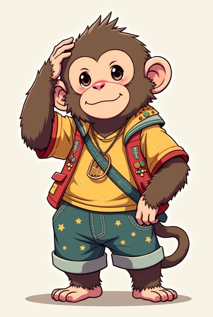 Full body monkey with anime style clothes, scratching his head, bottomless