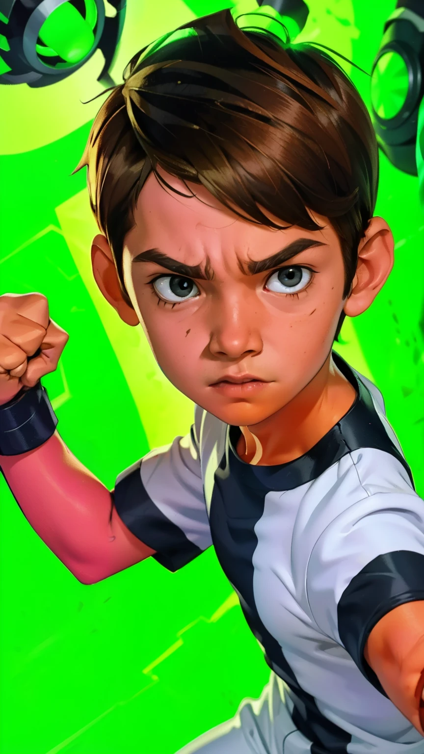 Movie poster, Ben 10 ((A child, 6 years))), ((wearing a white outfit with black stripe in the center, showing fist. Machine on arm. Action facial expression )) . highy detailed, face detailed, realisitic, cinematic lighting, studio quality, proffesional, face detailed, intrikate, bright coloured. ((abstract background)).