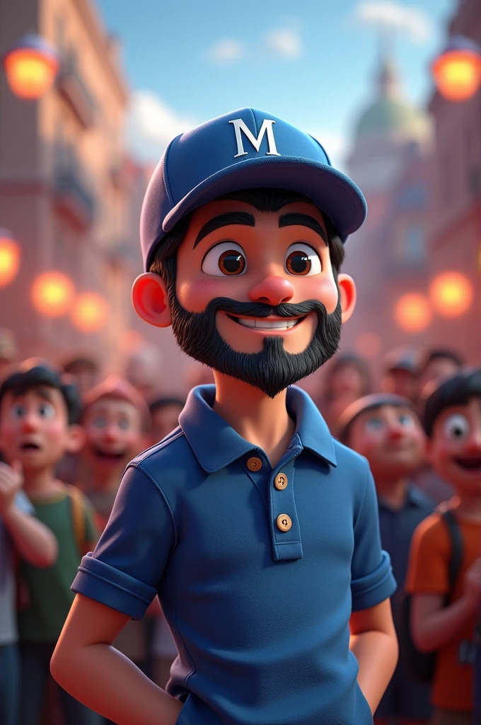 Pixar-inspired 3D poster capturing a background scene with a 3 man with a short, dark beard , square face white man with black hair to the side short lumberjack style dressed in blue polo shirt or suit with a blue cap with the letter m on the cap light skin color happy in a studio where there is an audience
