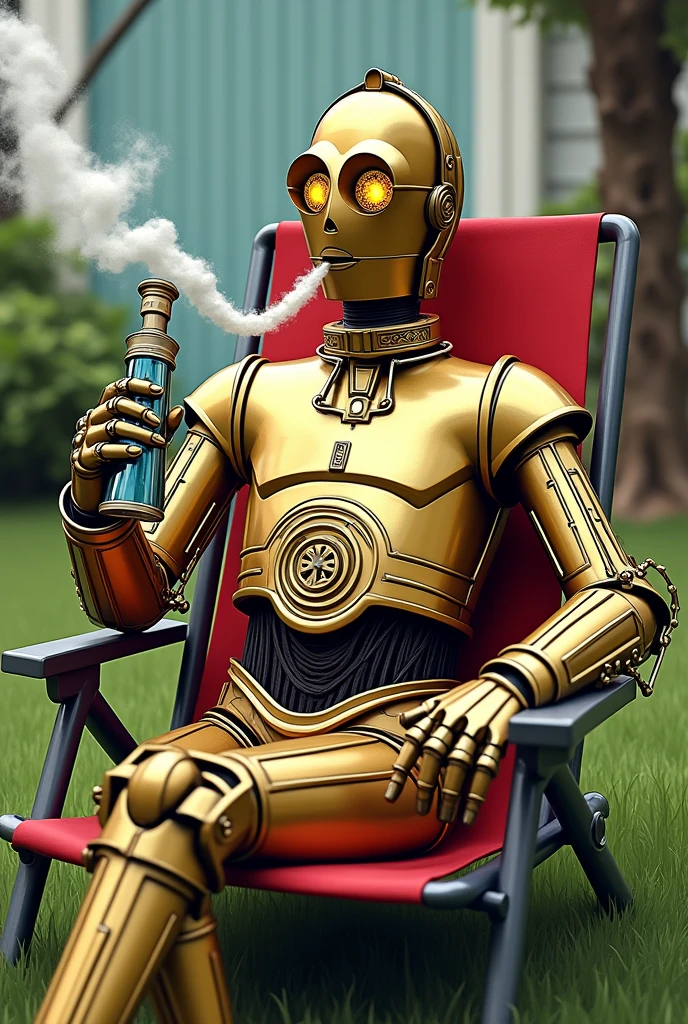 C-3PO smoking a bong in a lawn chair in a tattoo style