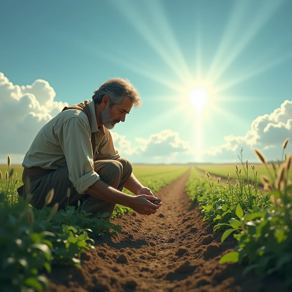 Depict a farmer gently planting seeds in a vast field under a clear sky. In the distance, a soft, divine light appears, symbolizing the presence of Jesus, watching over the farmer with a reassuring expression, emphasizing patience and faith in the timing of the harvest.