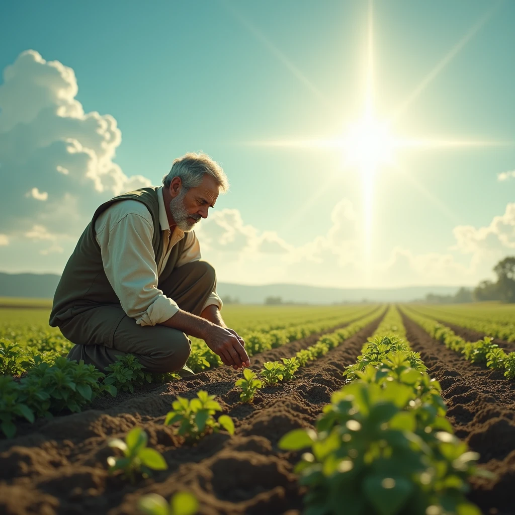 Depict a farmer gently planting seeds in a vast field under a clear sky. In the distance, a soft, divine light appears, symbolizing the presence of Jesus, watching over the farmer with a reassuring expression, emphasizing patience and faith in the timing of the harvest.