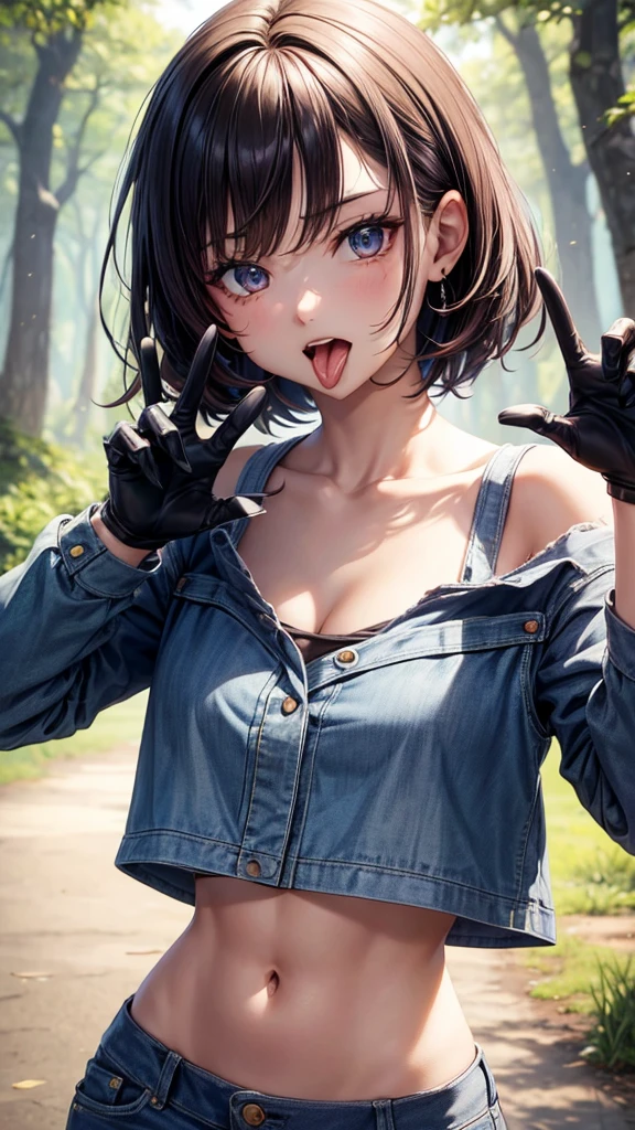 short girl, 1girl, anime artstyle, masterpiece, highres, solo, 8k, detailed, perfect face, best quality, (ultra high quality), looking viewers, collarbone, bare arm, small breast, cleavage, belly, stomach, navel, abs, midriff, mini short, denim short, slim body, slim waist, upper body, open mouth, at forest, (tongue out), (metal hands pose), three fingers up