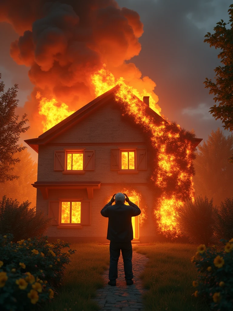 : An ultra-detailed, Unreal Engine-rendered image in the style of PIXAR animation, featuring a house engulfed in flames with smoke billowing out. An elderly man stands in the garden, looking desperate with his hands on his head and his mouth open. Centered in the image are the animated, highlighted words "Acidentes acontecem" (Accidents happen), with some of the letters appearing burnt. The scene is vivid and dramatic, with realistic fire and smoke effects. The image is captured with a virtual camera setup in Unreal Engine, ensuring exceptional detail and cinematic quality