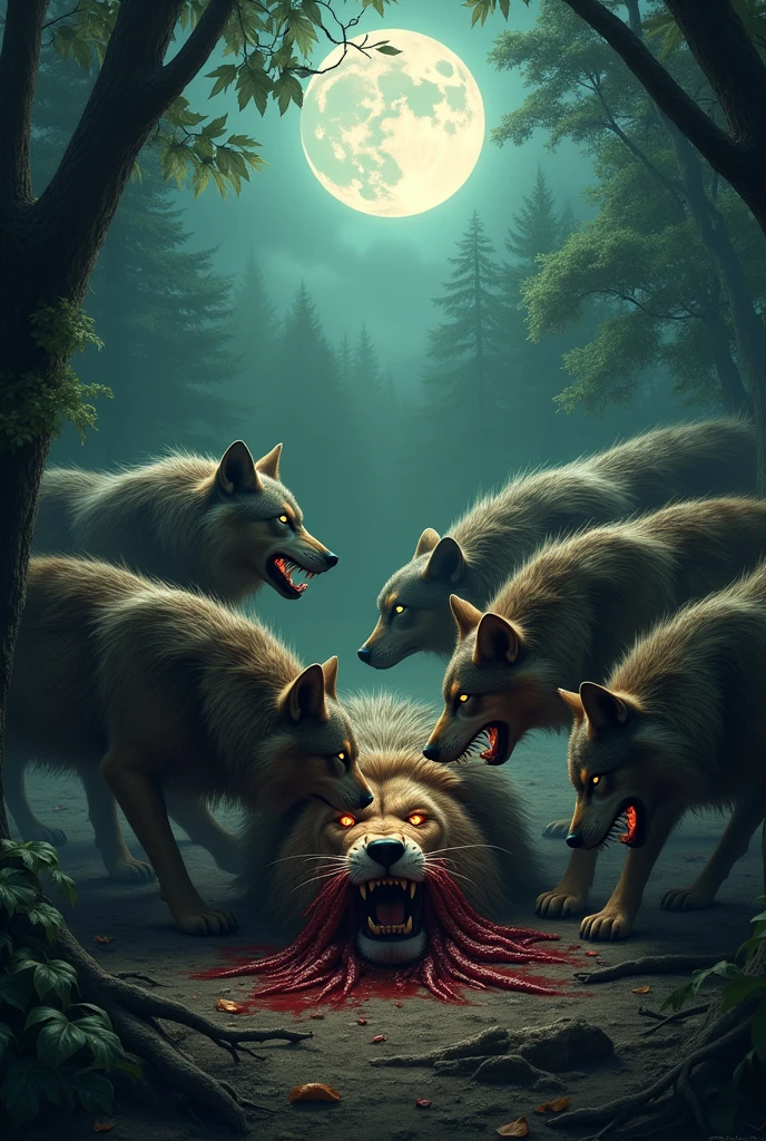 Angry wolves devouring a dead lion without showing blood in the forest with a full moon