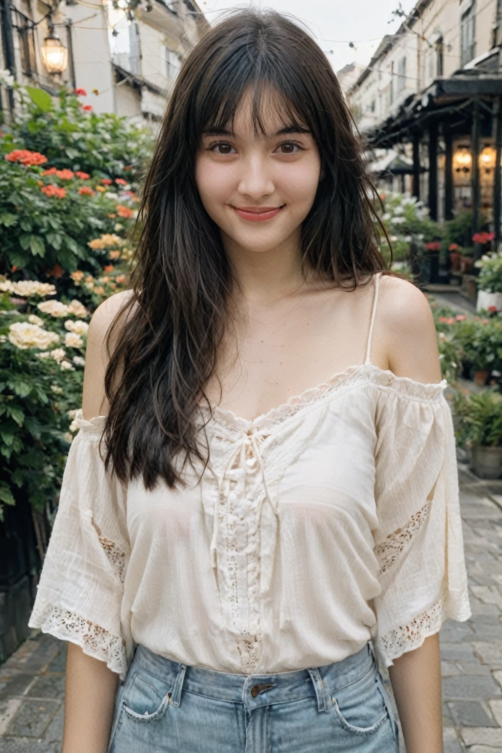 A high-resolution, wide angle shot, 4K portrait of a beautiful 20-year-old woman with a happy smile, detailed skin, and clear eyes. 
She has long, messy black hair with bangs and dark brown eyes with slight dark circles, looking at viewer. 
The image features natural, soft lighting with a low contrast and film grain effect. 
She has perfect shaped medium breast. 
She is dressed in White Off-the-Shoulder Boho Top
Description: A white off-the-shoulder boho-style top with crochet detailing and loose, billowy sleeves. This top is perfect for a casual summer day or a music festival, offering a relaxed fit that’s both comfortable and flirty.
Accessories: Pair with denim shorts, brown gladiator sandals, layered gold necklaces, and a wide-brimmed hat.
Sitting in An outdoor cafe with small tables and chairs set on a cobblestone patio, surrounded by potted plants and string lights overhead. The cafe has a cozy, relaxed atmosphere with umbrellas providing shade and a view of a busy street or a garden. 
The composition emphasizes ultra-detail, sharp focus, and vivid colors, with HDR and UHD quality, capturing a whimsical and dreamy aesthetic with a bokeh background. Looking at viewer