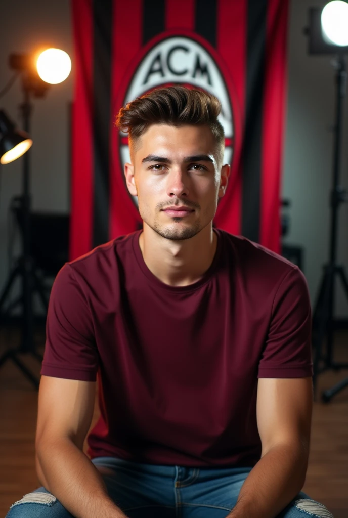 The young man wearing a dark red t shirt sitting on a chair looking straight to the camera with cinematic YouTube studio with real AC Milan
football flag,