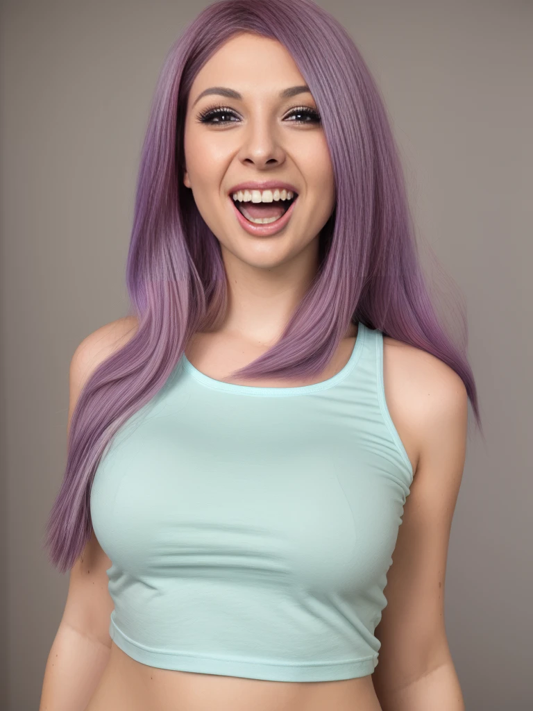 ((bailey_jay)), real scene, atmospheric, masterpiece, best quality, (detailed skin texture, ultra detailed body), 1 girl, alone, breasts, long hair, smile, blurred background, tank top, full body view, blurry, teeth, purple hair, lips, white tank top, open mouth, shirt,