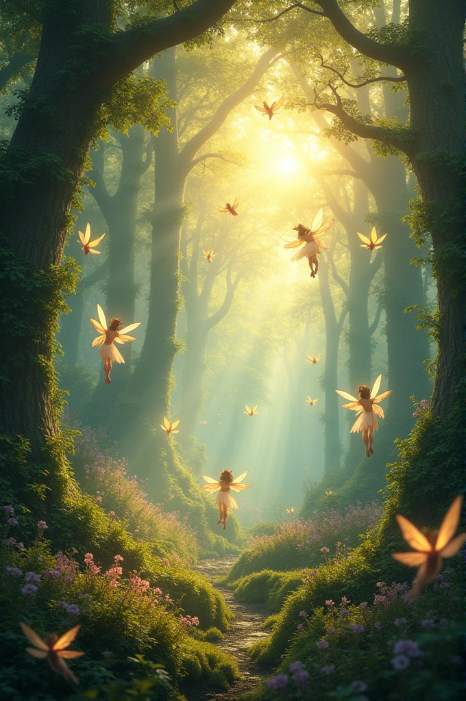 Des fees dans une majestueuse foret magic au lève du jour