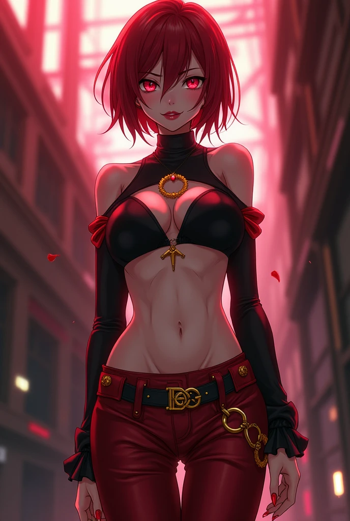 Appearance: She has short, reddish-brown hair., Caucasian skin, Eyes red,He has a thin, tall body and has big red nails., thin, red lips.
Clothing: She wears a black skimpy bra, Wears wine red long sleeves and a wine red turtleneck., Wears long pants that form a V on the belly in wine red and yellow brown with golden details., Show your belly, Wears wine red thigh-high boots with black and gold details.
Accessories: She wears a black and gold belt with a ruby in the middle and wraps it around her leg., Wears a black and shiny ruby necklace, It has dark red wings and a dagger made from its own blood..
Anime Girl