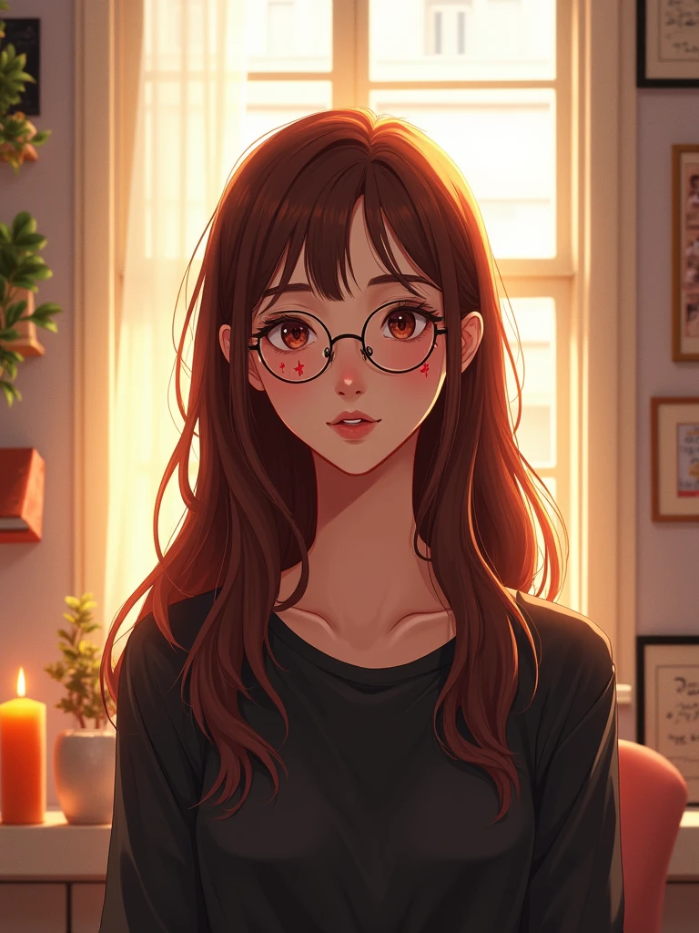 generate a realistic illustration of a young woman in a brightly lit room with a warm atmosphere. She is wearing round glasses with a thin frame and has long brown hair with a slight hint of red. Her face has a gentle and calm expression, with small red star patterns scattered on her cheeks. She is wearing a dark-colored top and is standing in a space filled with various objects such as candles, books, and decorations that add character to the background. Natural light illuminates her face, creating a soft and serene ambiance.