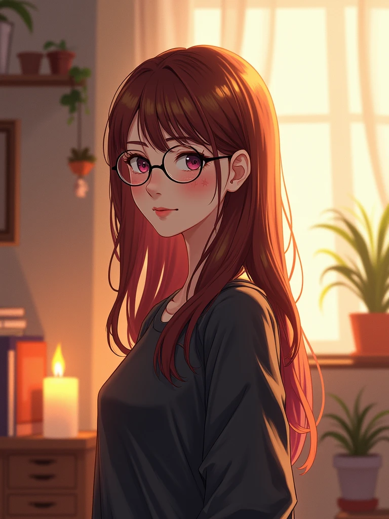generate a realistic illustration of a young woman in a brightly lit room with a warm atmosphere. She is wearing round glasses with a thin frame and has long brown hair with a slight hint of red. Her face has a gentle and calm expression, with small red star patterns scattered on her cheeks. She is wearing a dark-colored top and is standing in a space filled with various objects such as candles, books, and decorations that add character to the background. Natural light illuminates her face, creating a soft and serene ambiance.