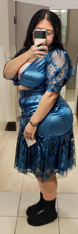 araffe woman taking a selfie in a blue dress in a bathroom, wearing blue dress, long blue dress, blue dress, wearing a blue dress, a blue dress, full covered dress, sky - blue dress, wearing a plastic blue dress, in blue dress, posing!!, belly free teal dress, dressed in blue, laced dress, flattering photo, Big tits, huge , no clothes, sexy, cute, wide hips, thick thighs, pear-shaped body, minimal clothes, thick ass, bbw, chubby stomach, thick nipples, nipple piercings, large areola, hard nipples, piercing through shirt, nipples hard through shirt, thick hips, minimal clothes, work out girl, low cut v neck shirt with cleavage, fat chubby stomach, bikini, fat round stomach, from side
