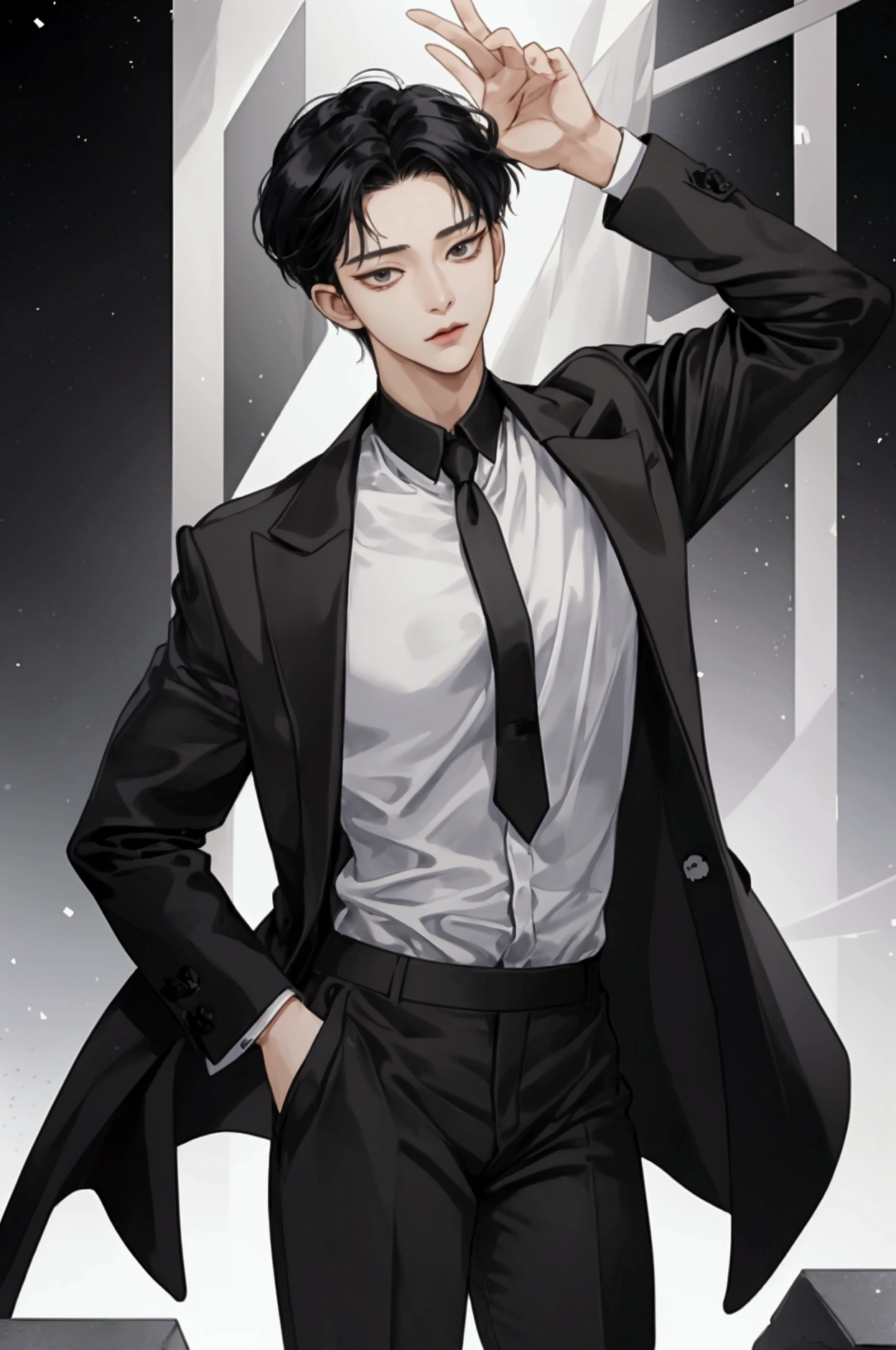 Create an image of Merlos, inspired by Mark Lee from NCT. Merlos is a youthful, enigmatic figure with stylish black hair, sharp eyes, and a cool, confident vibe. He wears a sleek black jacket with subtle metallic details, a crisp white shirt, and tailored pants. The background is surreal and dreamlike, with hints of his mysterious origins. His style is modern with an air of otherworldliness, capturing his unique, charismatic presence.