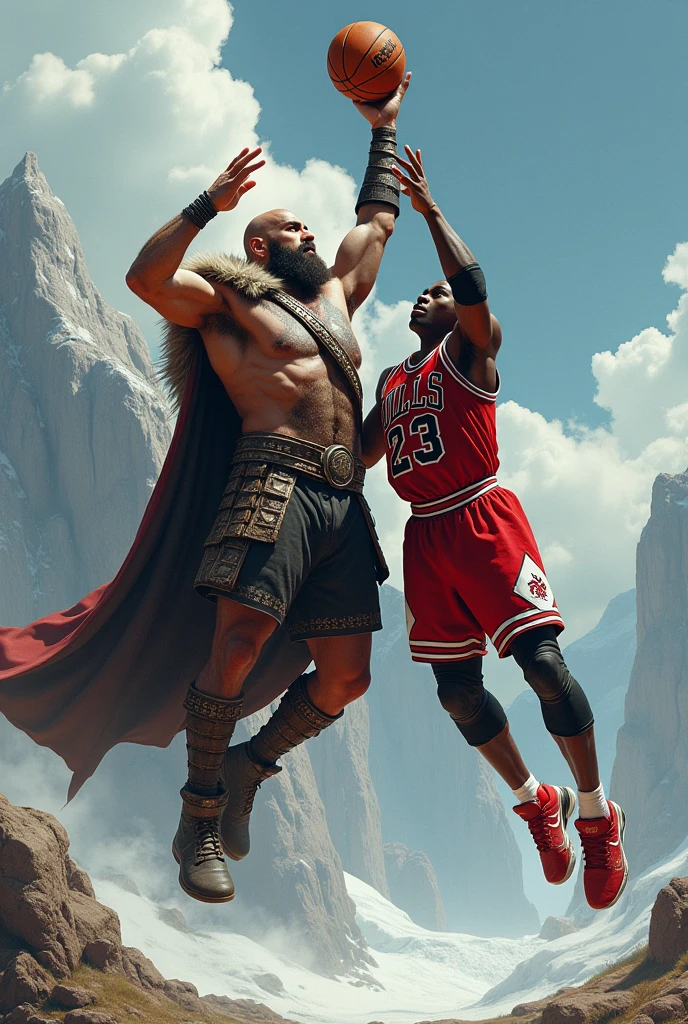 Viking Kratos and Michel Jordan jumping for the ball 