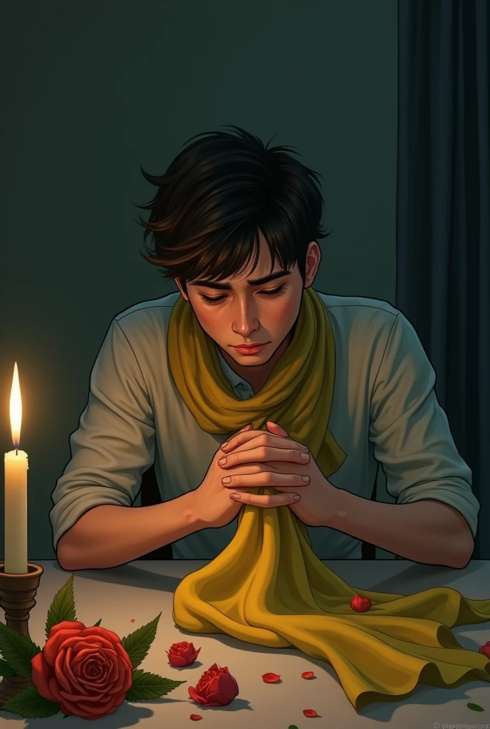 A sorrowful young man sitting on a table with a candle and rosses. HE is holding a woman's scarf in his hands while crying. The scarf's fabric should be yellow or green Realistic image