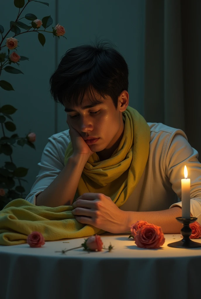 A sorrowful young man sitting on a table with a candle and rosses. HE is holding a woman's scarf in his hands while crying. The scarf's fabric should be yellow or green Realistic image