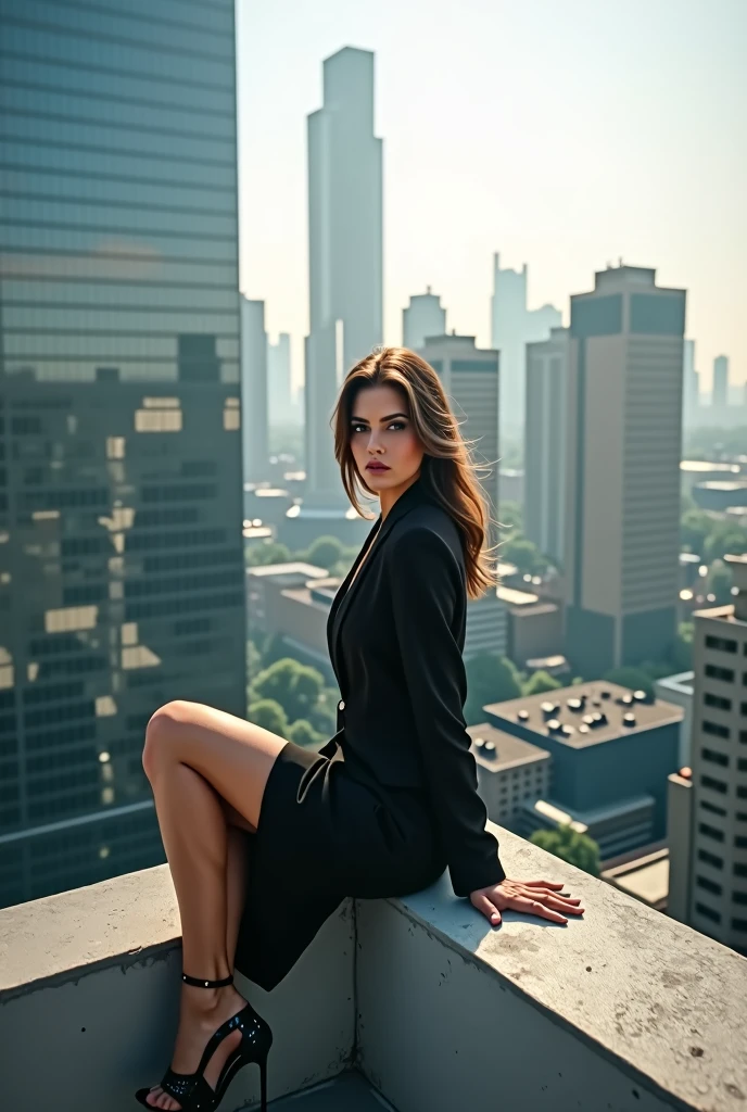 Beautiful model sitting on top of building in corporate IT park