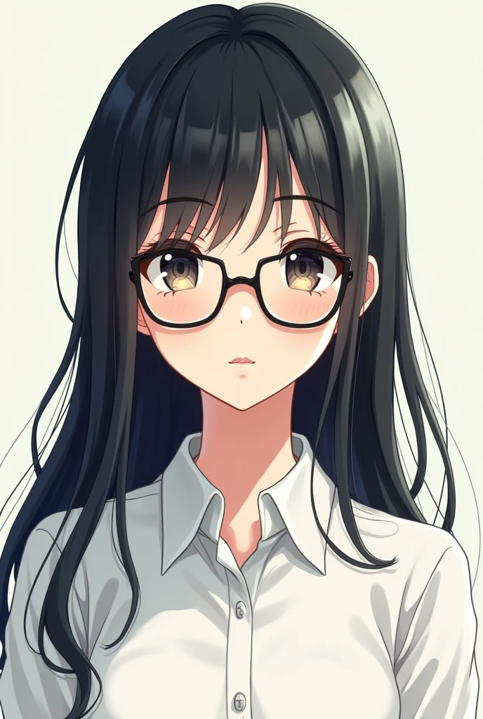 Anime girl with long black hair white skin color with glasses white shirt