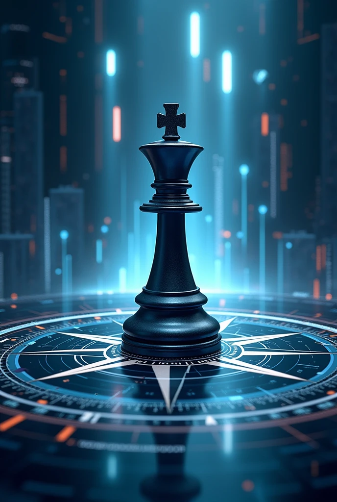 Le point central doit être un cavalier d'échecs symbolisant la stratégie et l'intelligence, placé au centre d'une boussole, représentant la direction et l'orientation. Le logo doit intégrer des éléments qui reflètent la technologie de l'IA, tels que des lignes épurées et futuristes et des motifs numériques ou de circuits imprimés subtils. Utilisez une palette de couleurs raffinée qui combine des bleus foncés, de l'argent métallique et des touches de couleurs vives et innovantes pour souligner la modernité et la sophistication. La conception globale doit évoquer un sentiment de prestige, de sérieux et de tranchant