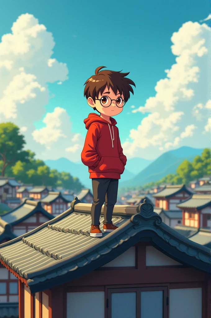 1 boy, with clases, , Brown eyes, Brown hair, red sweatshirt, standing on house roof, anime arte