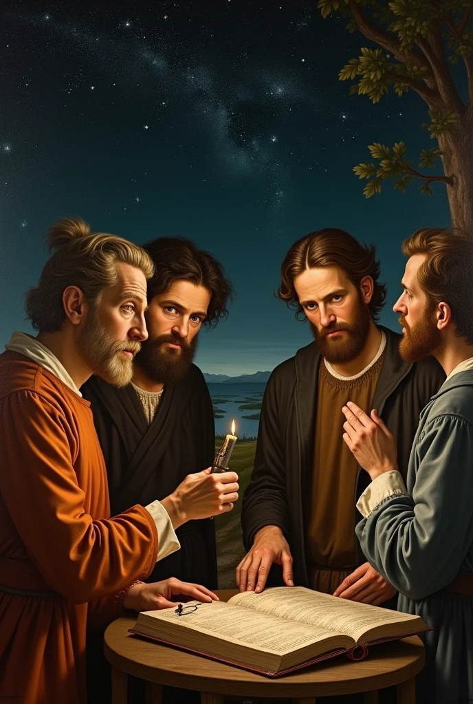Create a Leonardo da Vinci-style painting with the theme "A Scene of Astronomical Observation in the Renaissance". The image must depict a group of scholars and astronomers in a natural or laboratory setting., observing the starry sky or an astronomical object. The style should reflect Da Vinci's characteristic realism and attention to detail., using chiaroscuro to create depth and volume. Include subtle and complex expressions in the figures and a rich, natural color palette, with earthy tones and soft gradations, to capture the elegance and technical rigor of Da Vinci's works.