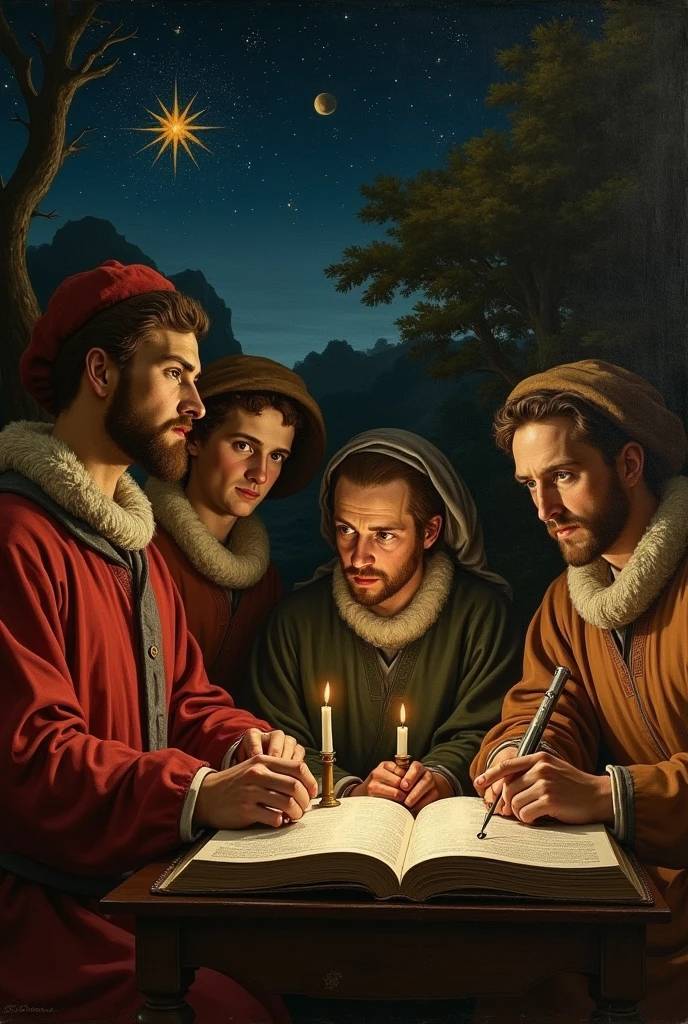 Create a Leonardo da Vinci-style painting with the theme "A Scene of Astronomical Observation in the Renaissance". The image must depict a group of scholars and astronomers in a natural or laboratory setting., observing the starry sky or an astronomical object. The style should reflect Da Vinci&#39;s characteristic realism and attention to detail., using chiaroscuro to create depth and volume. Include subtle and complex expressions in the figures and a rich, natural color palette, with earthy tones and soft gradations, to capture the elegance and technical rigor of Da Vinci&#39;s works.

