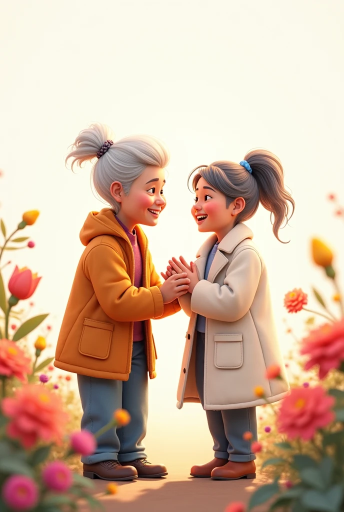 a young elderly caregiver very happy and satisfied with the care of the young woman in a white Disney Pixar-style coat surrounded by flowers with a white background