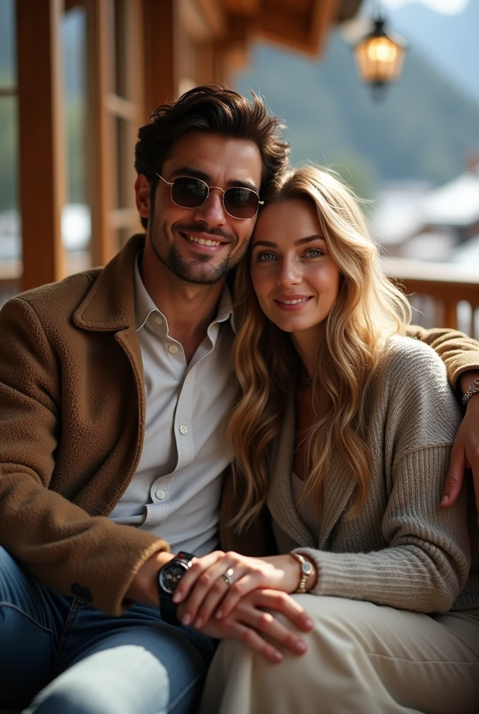 (Photorealism:1.1) a couple man dark brown hair and brown eyes together with a woman blonde green eyes long hair em um chalé em Lugano óculos Rayban e um IWC portuguese e usando aliança de casamento 8k ultra realistic super detailed