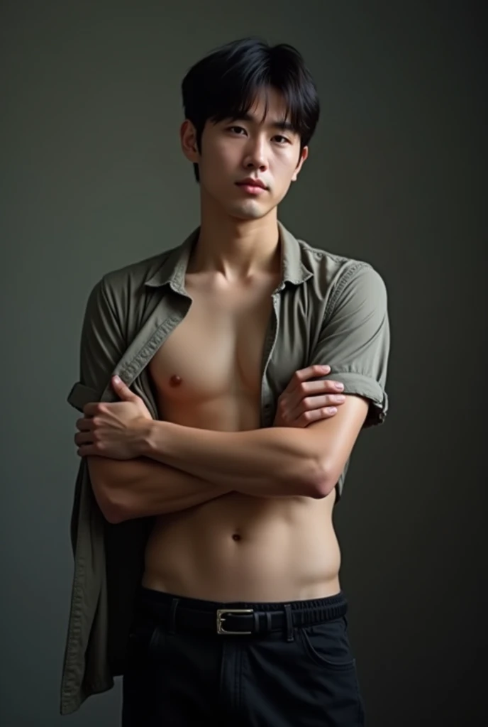 Handsome Asian Korean Boy, เขาสวมเสื้อเชิตสีขาวเเขนสั้นwetนนํ้าเเนบเนื้อ, wet, Standing on his chest revealing his abs,He unbuttoned his shirt. , Wearing black shorts, He wears a black belt., incredible light, Too realistic, 8ก, High quality, complicated details, , Radiant white skin, Incredible atmosphere, mood light