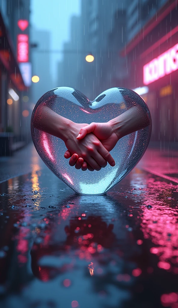 Rain landscape、City、3D glass open heart、Neon color、Inside the glass heart are two hands intertwining their pinkies to make a pinky promise、Fantasy、romantic、high resolution、Wide angle、distinct、Real、vivid、beautiful、masterpiece、Light and shadow details、The water is clear and shiny、The water faithfully reflects the scenery、Zoom out 2x、Pinky finger slash、