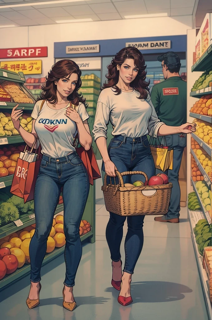 Asian woman with long brown hair, casual outfit in the supermarket, beautiful young Korean woman with fair skin showing her whole body, with long hair, Asian beautiful face, young Asian girl, wearing jeans, full body inside the supermarket with a basket of shopping