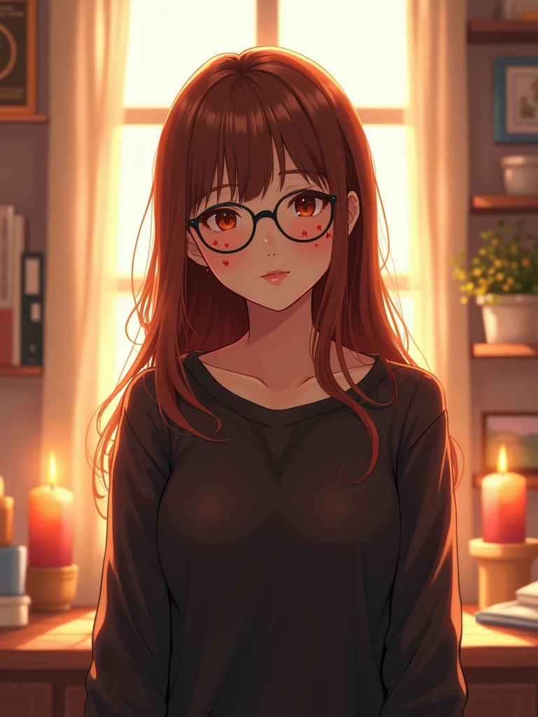 generate a realistic illustration of a young woman in a brightly lit room with a warm atmosphere. She is wearing round glasses with a thin frame and has long brown hair with a slight hint of red. Her face has a gentle and calm expression, with small red star patterns scattered on her cheeks. She is wearing a dark-colored top and is standing in a space filled with various objects such as candles, books, and decorations that add character to the background. Natural light illuminates her face, creating a soft and serene ambiance.