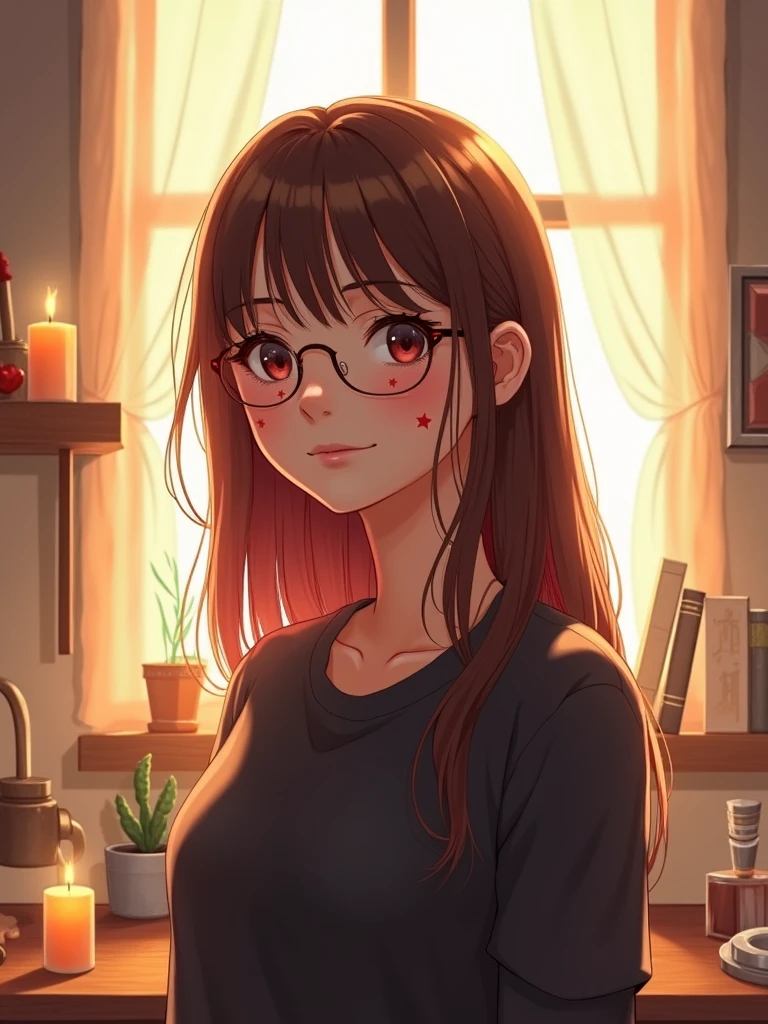 generate a realistic illustration of a young woman in a brightly lit room with a warm atmosphere. She is wearing round glasses with a thin frame and has long brown hair with a slight hint of red. Her face has a gentle and calm expression, with small red star patterns scattered on her cheeks. She is wearing a dark-colored top and is standing in a space filled with various objects such as candles, books, and decorations that add character to the background. Natural light illuminates her face, creating a soft and serene ambiance.