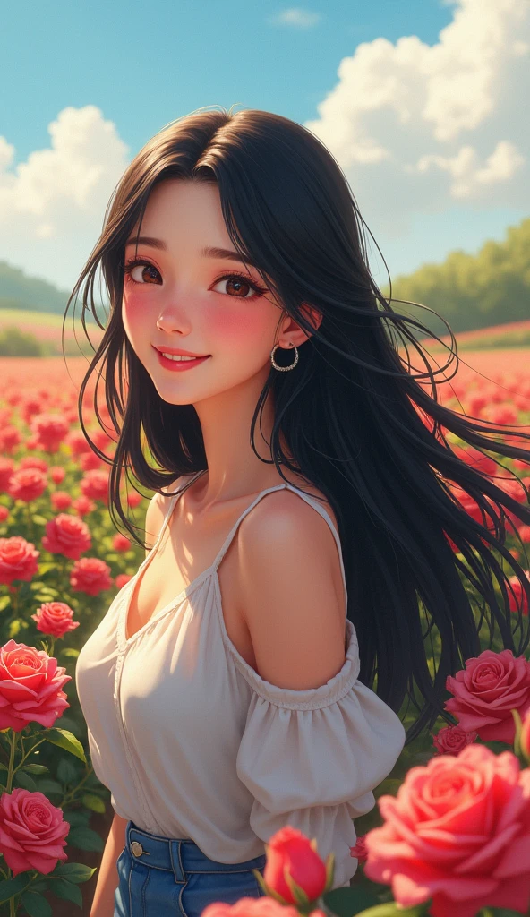   one girl, High accuracy, I smile,Black hair, Rose farm ,