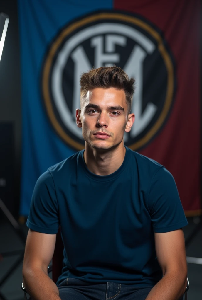 The young man wearing a dark blue t shirt sitting on a chair looking straight to the camera with cinematic YouTube studio with real inter Milan
football flag,