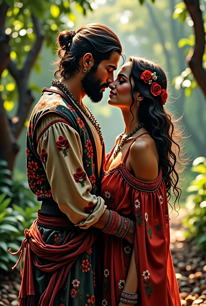 A gypsy couple about to kiss