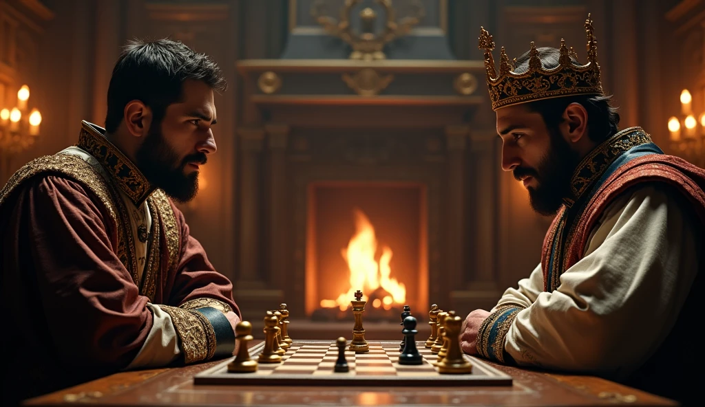 A dramatic scene of Edward III and Philip VI engaged in a tense game of chess within a medieval castle’s grand hall. The room is dimly lit by flickering torches and a grand fireplace, casting long shadows across the ornate tapestries and heavy wooden furnishings. Edward III, in regal English attire, furrows his brow in concentration, while Philip VI, adorned in French finery, gazes intently at the board. The chessboard, with intricate medieval pieces, stands as a metaphor for their political and military rivalry. The dark, atmospheric lighting, rich textures of the castle interior, and the intense expressions of both kings evoke a cinematic sense of strategic conflict and psychological warfare, capturing the essence of their high-stakes game., Surrealism, Hyperrealism, UHD, retina, masterpiece, accurate, anatomically correct, textured skin, super detail, best quality, 16k