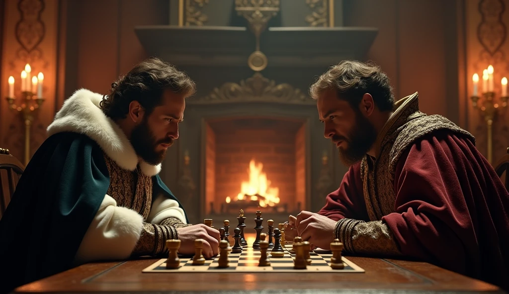 A dramatic scene of Edward III and Philip VI engaged in a tense game of chess within a medieval castle’s grand hall. The room is dimly lit by flickering torches and a grand fireplace, casting long shadows across the ornate tapestries and heavy wooden furnishings. Edward III, in regal English attire, furrows his brow in concentration, while Philip VI, adorned in French finery, gazes intently at the board. The chessboard, with intricate medieval pieces, stands as a metaphor for their political and military rivalry. The dark, atmospheric lighting, rich textures of the castle interior, and the intense expressions of both kings evoke a cinematic sense of strategic conflict and psychological warfare, capturing the essence of their high-stakes game., Surrealism, Hyperrealism, UHD, retina, masterpiece, accurate, anatomically correct, textured skin, super detail, best quality, 16k