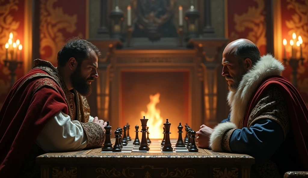 A dramatic scene of Edward III and Philip VI engaged in a tense game of chess within a medieval castle’s grand hall. The room is dimly lit by flickering torches and a grand fireplace, casting long shadows across the ornate tapestries and heavy wooden furnishings. Edward III, in regal English attire, furrows his brow in concentration, while Philip VI, adorned in French finery, gazes intently at the board. The chessboard, with intricate medieval pieces, stands as a metaphor for their political and military rivalry. The dark, atmospheric lighting, rich textures of the castle interior, and the intense expressions of both kings evoke a cinematic sense of strategic conflict and psychological warfare, capturing the essence of their high-stakes game., Surrealism, Hyperrealism, UHD, retina, masterpiece, accurate, anatomically correct, textured skin, super detail, best quality, 16k