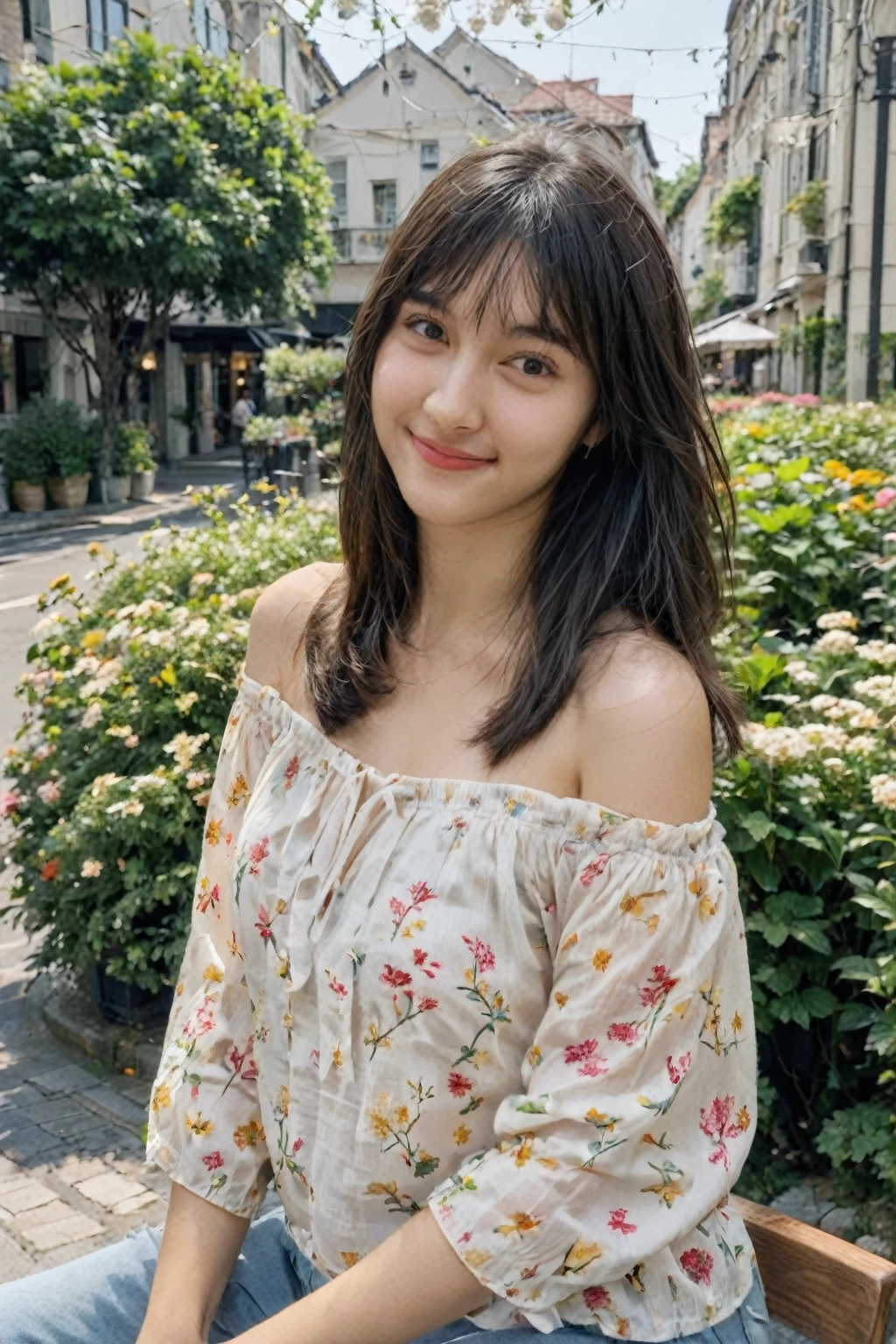 A high-resolution, wide angle shot, 4K portrait of a beautiful 20-year-old woman with a happy smile, detailed skin, and clear eyes. 
She has long, messy black hair with bangs and dark brown eyes with slight dark circles, looking at viewer. 
The image features natural, soft lighting with a low contrast and film grain effect. 
She has perfect shaped medium breast. 
She is dressed in Floral Print Off-the-Shoulder Peasant Blouse
Description: A floral print off-the-shoulder peasant blouse with elasticized neckline and sleeves. The flowy, loose-fitting design is great for a casual day out or a picnic, providing a comfortable yet sexy look.
Accessories: Pair with white high-waisted jeans, tan ankle boots, a brown crossbody bag, and a floppy hat.
Sitting in An outdoor cafe with small tables and chairs set on a cobblestone patio, surrounded by potted plants and string lights overhead. The cafe has a cozy, relaxed atmosphere with umbrellas providing shade and a view of a busy street or a garden. 
The composition emphasizes ultra-detail, sharp focus, and vivid colors, with HDR and UHD quality, capturing a whimsical and dreamy aesthetic with a bokeh background. Looking at viewer